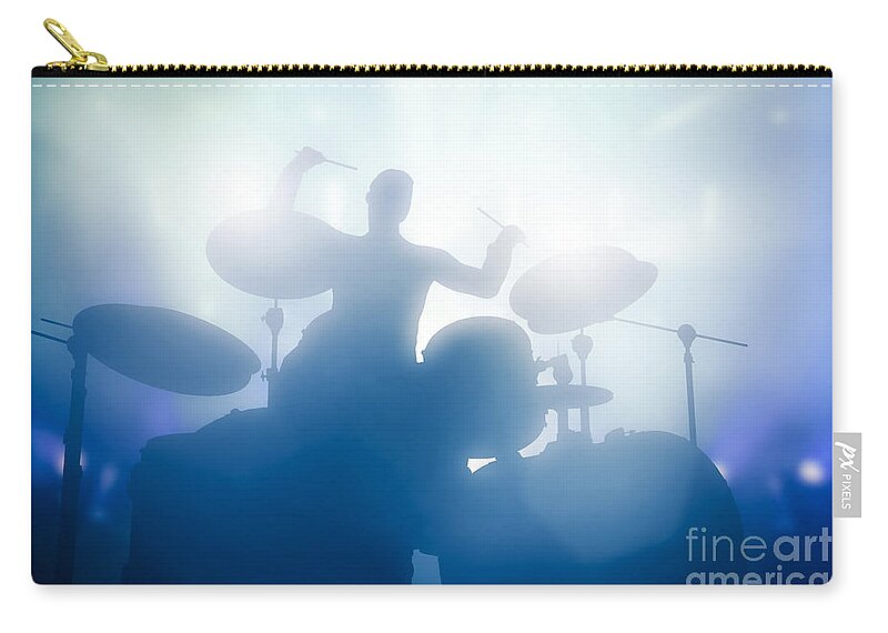Drums Zip Pouch featuring the photograph Drummer playing on drums on music concert. Club lights by Michal Bednarek