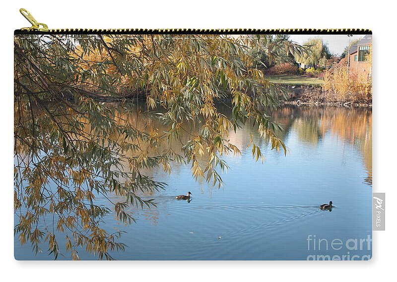 Autumn Ducks Zip Pouch featuring the photograph Ducks on Peaceful Autumn Pond by Carol Groenen