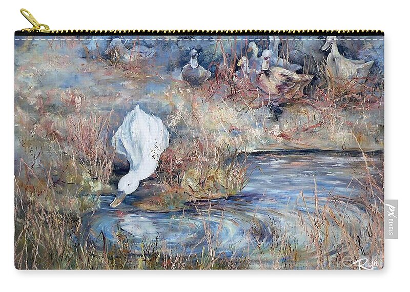 Ducks Zip Pouch featuring the painting Ducks. Split opposite colour harmony. by Ryn Shell