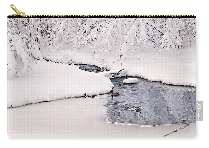 Ducks In The Winter Print Zip Pouch featuring the photograph Ducks Winter Play land Print by Gwen Gibson