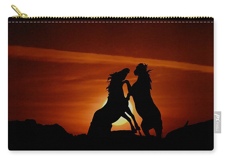 Mustangs Zip Pouch featuring the photograph Duel At Sundown by Gary Beeler