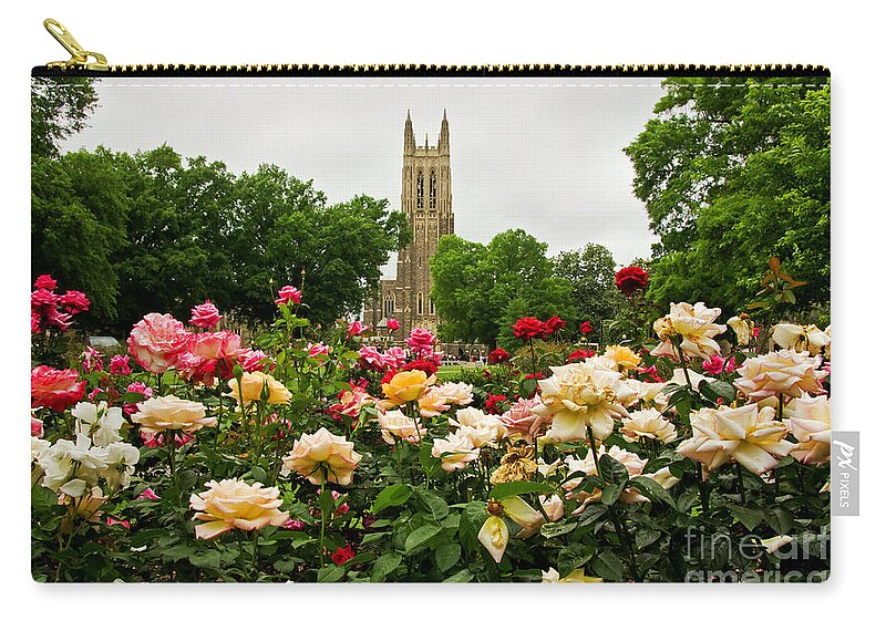 Duke Chapel Zip Pouch featuring the photograph Duke Chapel and Roses by Jill Lang