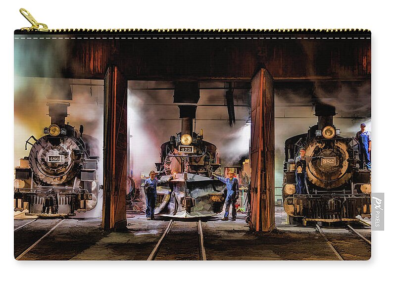 Durango And Silverton Railroad Zip Pouch featuring the painting Durango Silverton Steam Train Roundhouse by Christopher Arndt