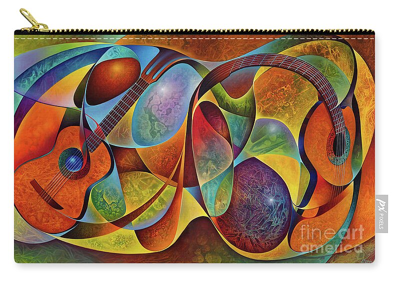 Dynamic Zip Pouch featuring the painting Dynamic Guitars Diptych - 3D by Ricardo Chavez-Mendez