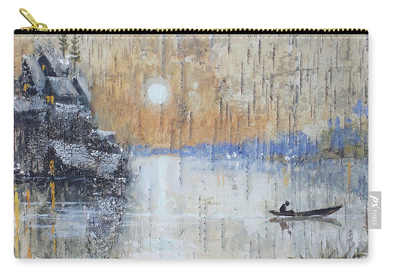 Russia Zip Pouch featuring the painting Early Morning. Fishing on Lake by Ilya Kondrashov