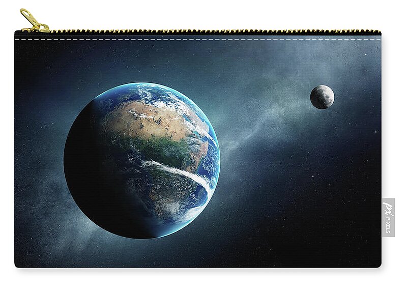 Earth Zip Pouch featuring the digital art Earth and moon space view by Johan Swanepoel