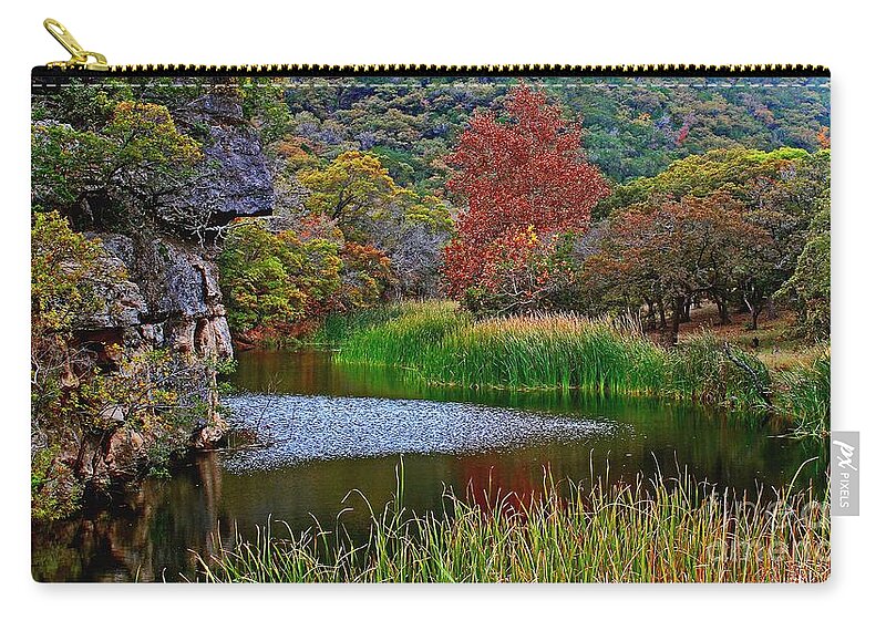 Michael Tidwell Photography Zip Pouch featuring the photograph East Trail Pond at Lost Maples by Michael Tidwell