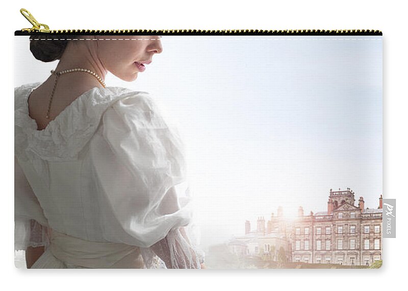 Edwardian Zip Pouch featuring the photograph Edwardian Woman Overlooking A Lake And Mansion by Lee Avison