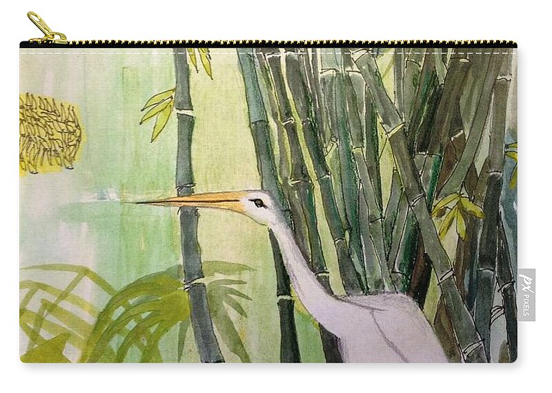 Bird Egret-bamboo Zip Pouch featuring the painting Egret by Hal Newhouser