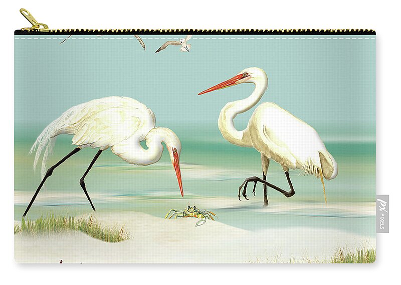 Egrets Zip Pouch featuring the painting Egrets crabbing by Anne Beverley-Stamps
