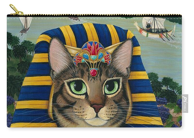 Bast Cat Zip Pouch featuring the painting Egyptian Pharaoh Cat - King of Pentacles by Carrie Hawks