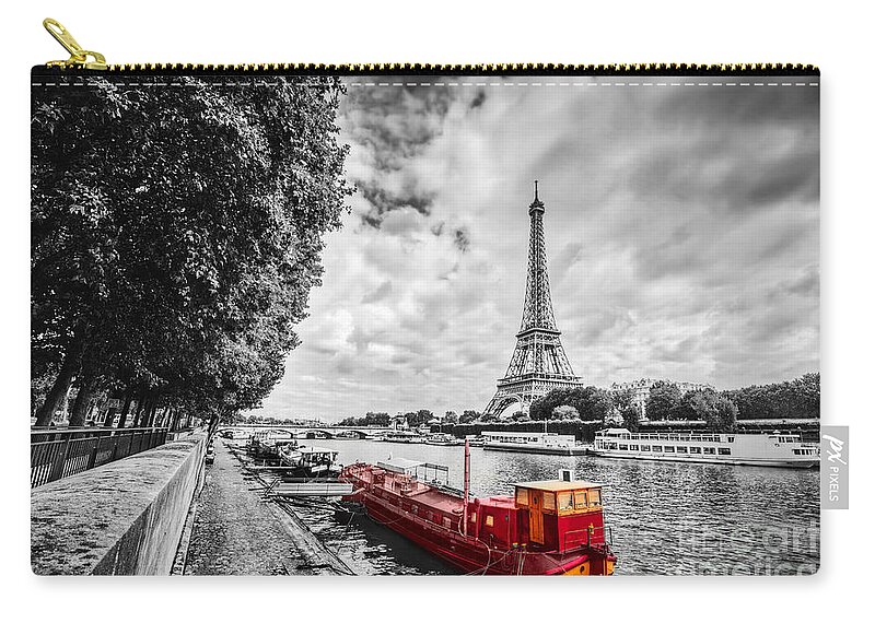 Paris Zip Pouch featuring the photograph Eiffel Tower over Seine river in Paris, France. Vintage by Michal Bednarek