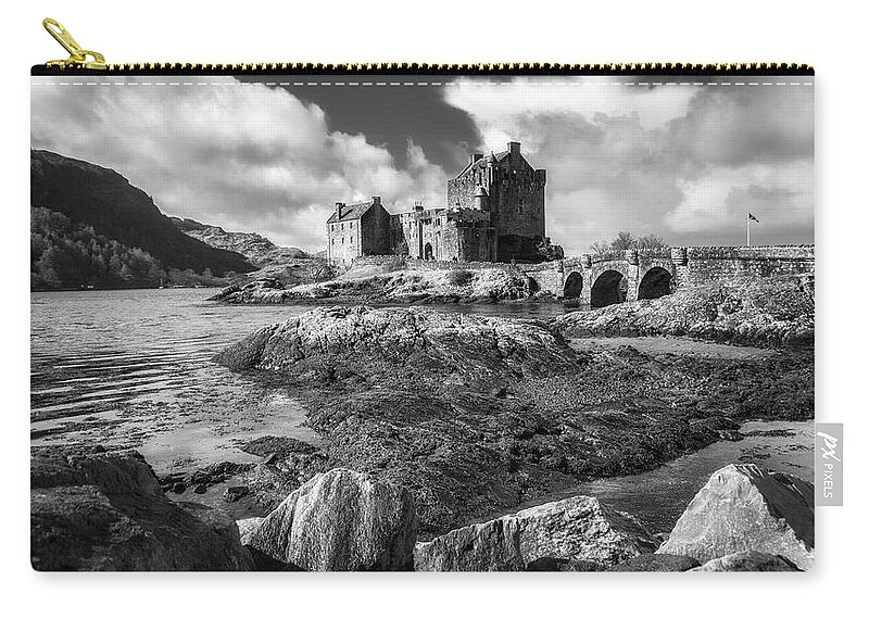Eilean Donan Carry-all Pouch featuring the photograph Eilean Donan Castle in black and white by Holly Ross