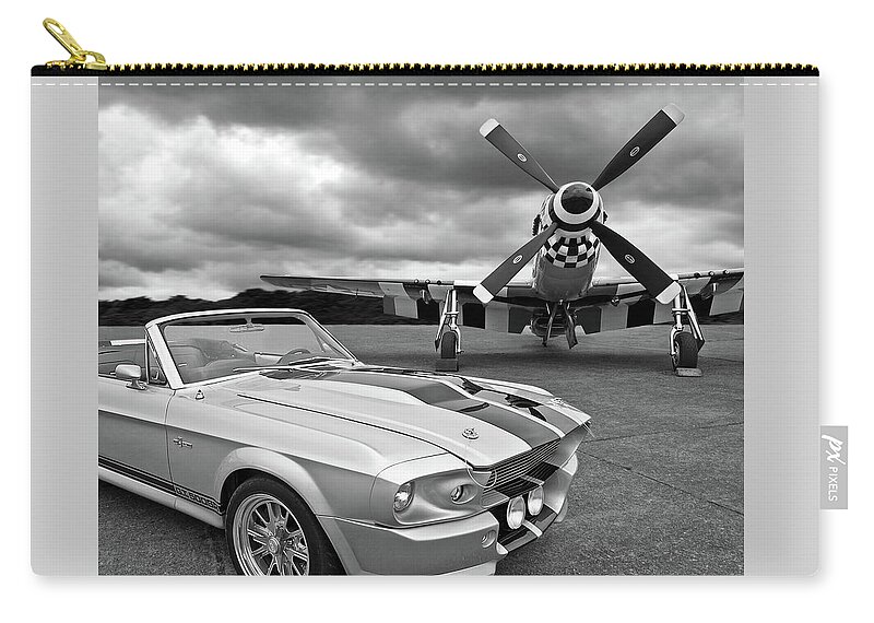 Mustang Zip Pouch featuring the photograph Eleanor Mustang with P51 Black and White by Gill Billington