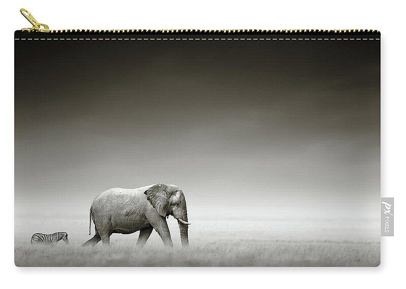 Elephant; Zebra; Behind; Follow; Huge; Big; Grass; Grassland; Field; Open; Plains; Grassfield; Dark; Sky; Together; Togetherness; Art; Artistic; Black; White; B&w; Monochrome; Image; African; Animal; Wildlife; Wild; Mammal; Animal; Two; Moody; Outdoor; Nature; Africa; Nobody; Photograph; Etosha; National; Park; Loxodonta; Africana; Walk; Namibia Carry-all Pouch featuring the photograph Elephant with zebra by Johan Swanepoel