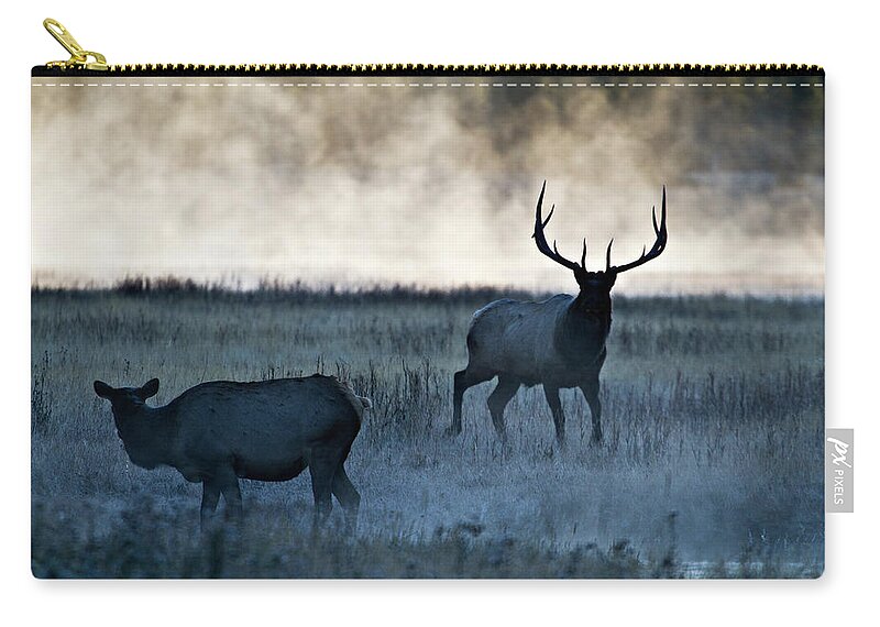Elk Zip Pouch featuring the photograph Elk in the Mist by Wesley Aston