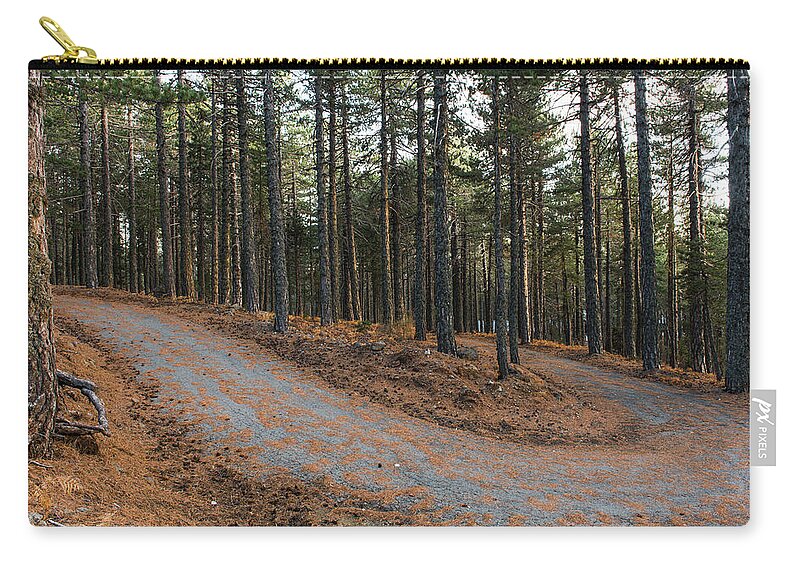 Forest Landscape Zip Pouch featuring the photograph Empty road passing through the forest in Autumn by Michalakis Ppalis