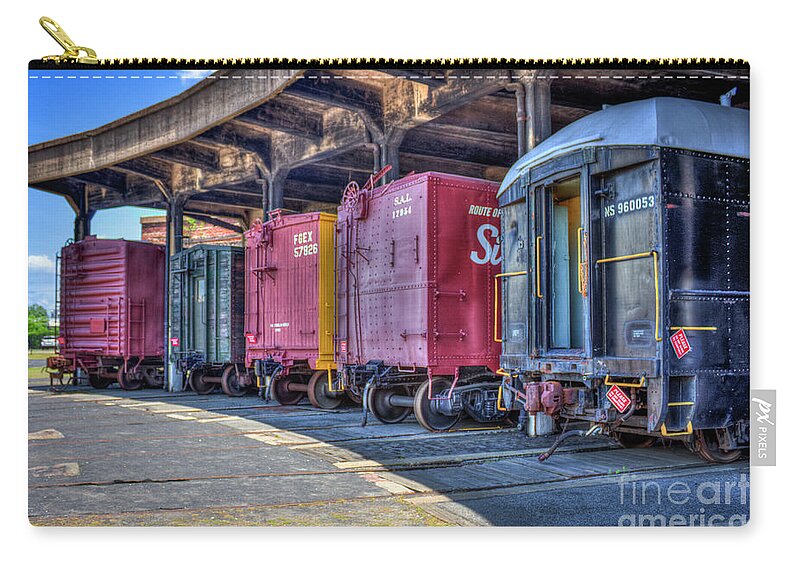 Reid Callaway Roundhouse Art Zip Pouch featuring the photograph End Of The Track Train Cars Central Of Georgia Rail Road Art by Reid Callaway