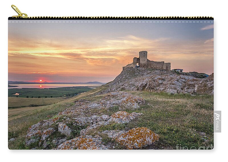 #fortress #sunset #landscape #nature #season #rocks #history #sky #clouds Zip Pouch featuring the photograph Enisala fortress by Constantin Carip