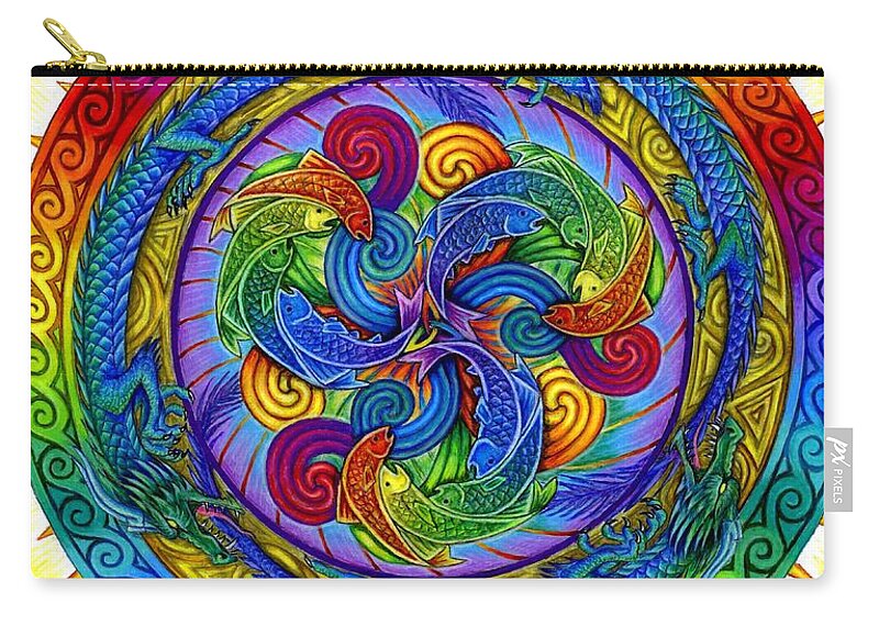 Dragon Carry-all Pouch featuring the drawing Psychedelic Dragons Rainbow Mandala by Rebecca Wang