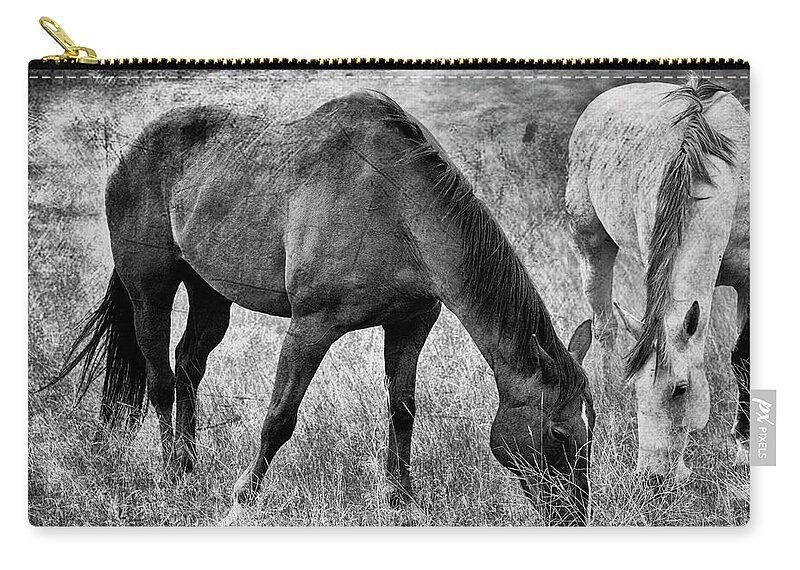 Horse Zip Pouch featuring the photograph Equine Friends Black And White by Theresa Tahara