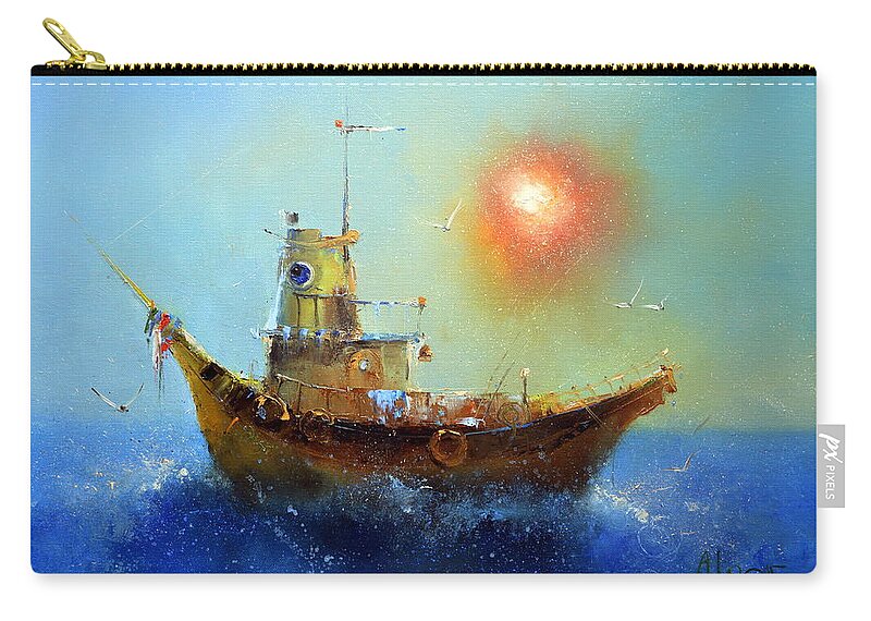 Russian Artists New Wave Zip Pouch featuring the painting Evening Boat by Igor Medvedev