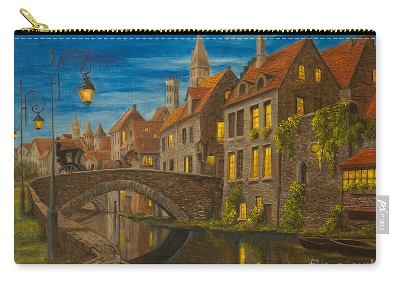 Bruges Belgium Art Zip Pouch featuring the painting Evening in Brugge by Charlotte Blanchard