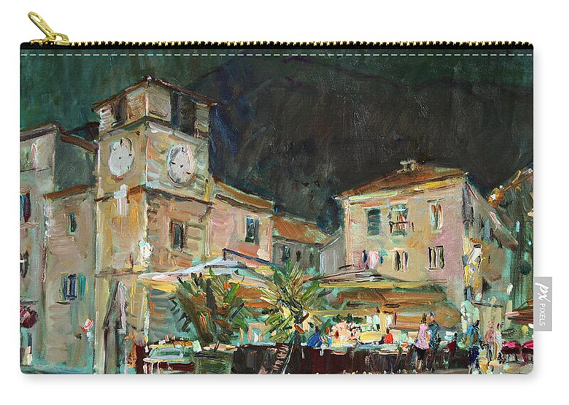 Kotor Zip Pouch featuring the painting Evening in the Old Town by Juliya Zhukova