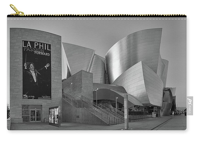 Walt Disney Concert Hall Zip Pouch featuring the photograph Walt Disney Concert Hall - Evening with Gustavo - Black and White Rendition by Ram Vasudev