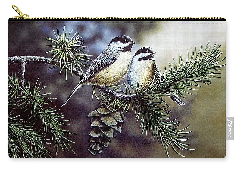 Chickadees Zip Pouch featuring the painting Evergreen Chickadees by Anthony J Padgett