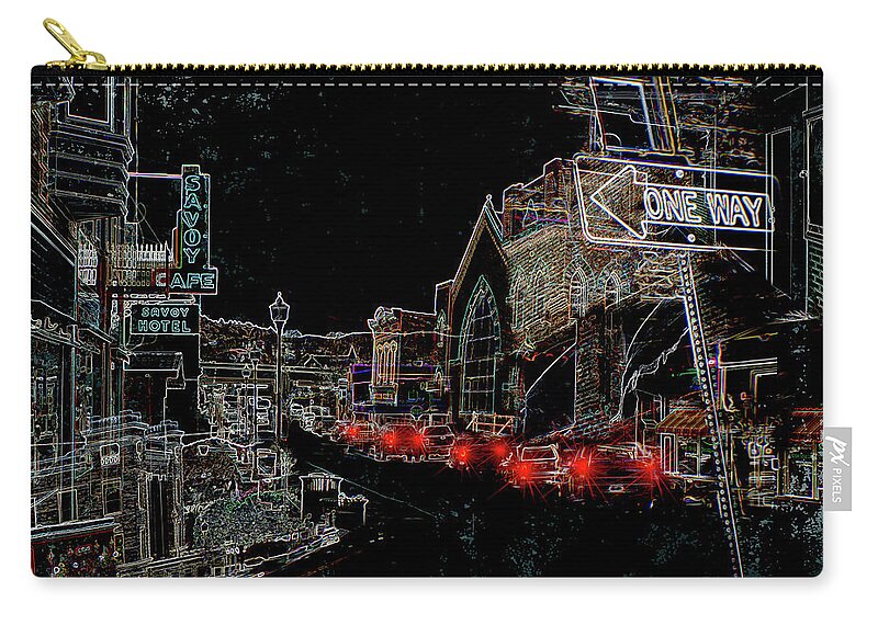 Neon Zip Pouch featuring the digital art Exodus from a Small Town by Debbra Jansen