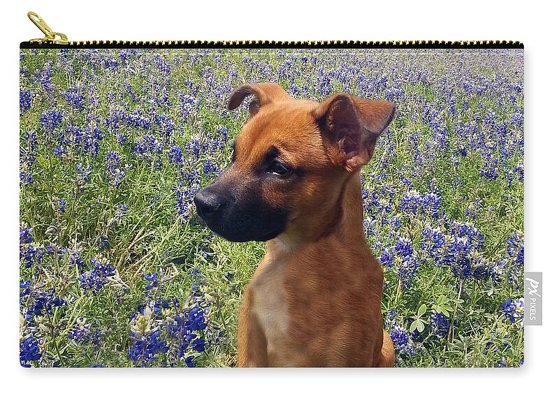Abstract Zip Pouch featuring the painting Expressive Puppy and Bluebonnets Photo A19316 by Mas Art Studio