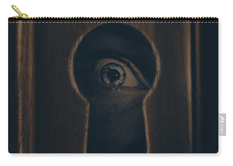 Keyhole Zip Pouch featuring the photograph Eye looking through door keyhole by Jorgo Photography