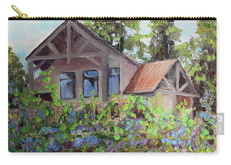 Fainting Goat Vineyard Tasting Room Zip Pouch featuring the painting Fainting Goat Vineyard Through the Vines by Jan Dappen