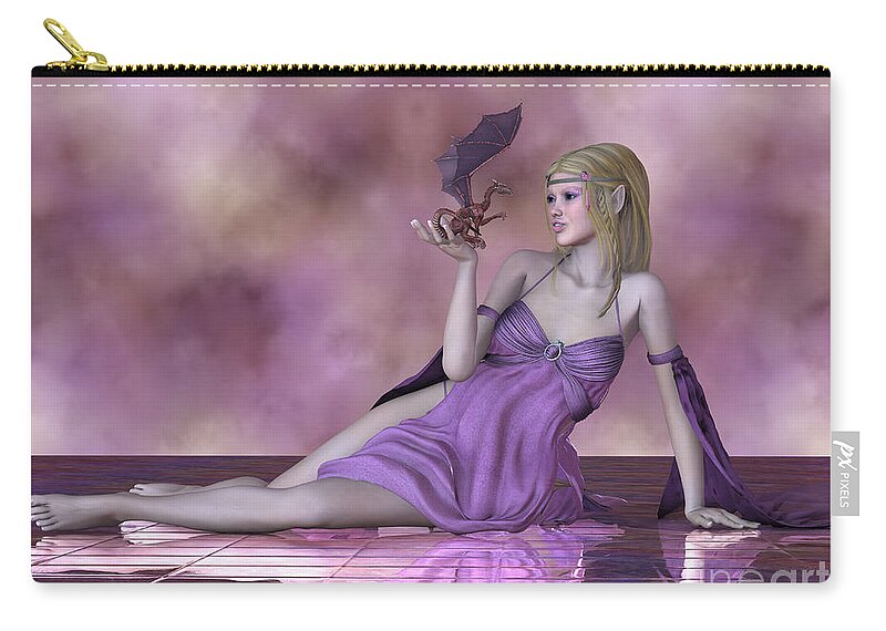 Fairy Zip Pouch featuring the painting Fairy and Tiny Dragon by Corey Ford