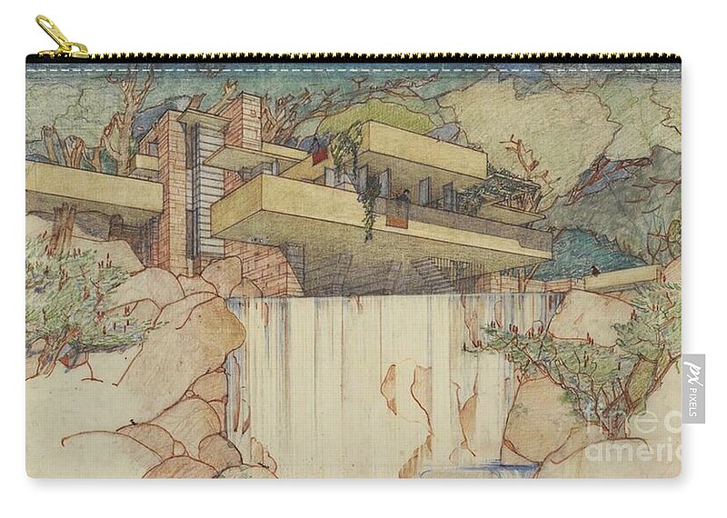 Pen And Ink Drawing Zip Pouch featuring the photograph Fallingwater Pen and Ink by David Bearden