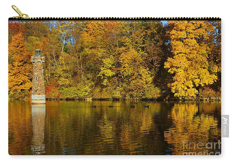 Falls Park Zip Pouch featuring the photograph Falls Park Lighthouse in Fall by Amy Lucid