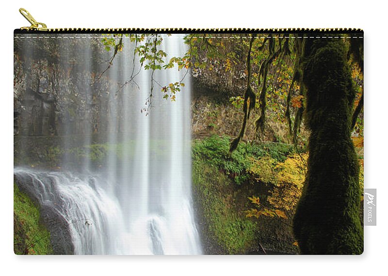 Silver Falls State Park Zip Pouch featuring the photograph Falls Though The Trees by Adam Jewell