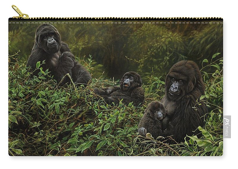 Mountain Gorillas Zip Pouch featuring the painting Family of Gorillas by Alan M Hunt