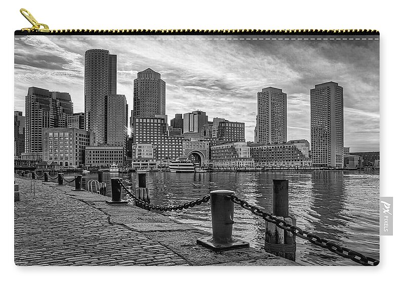 Boston Zip Pouch featuring the photograph Fan Pier Boston Harbor BW by Susan Candelario