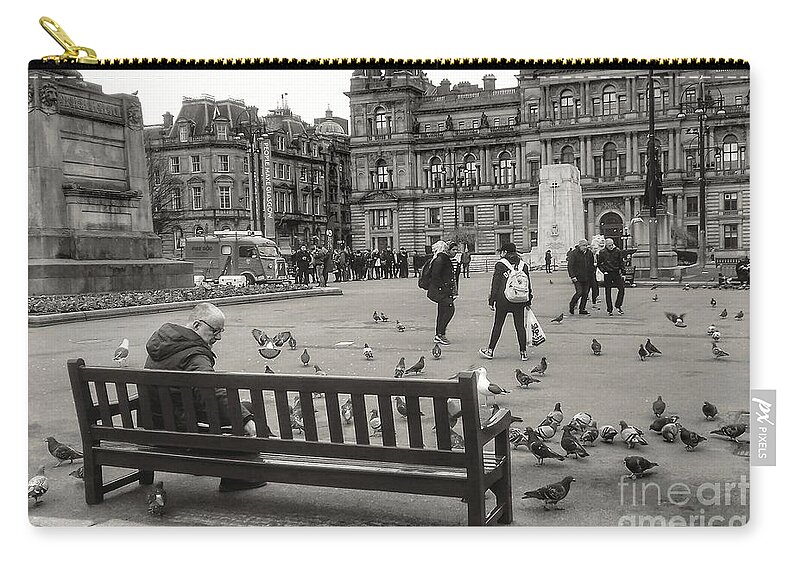 George Square Zip Pouch featuring the photograph Feeding the Birds at George Square In Greyscale by Joan-Violet Stretch