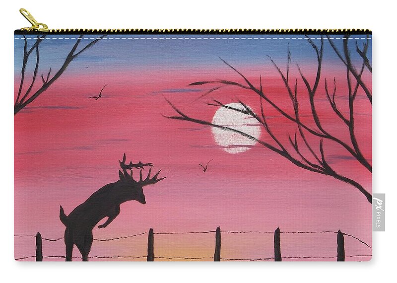 Whitetail Deer Sunrise Moon Trees Yellow Red Blue Barbed Wire Fence Zip Pouch featuring the painting Fence jumper by Lawrence Booth