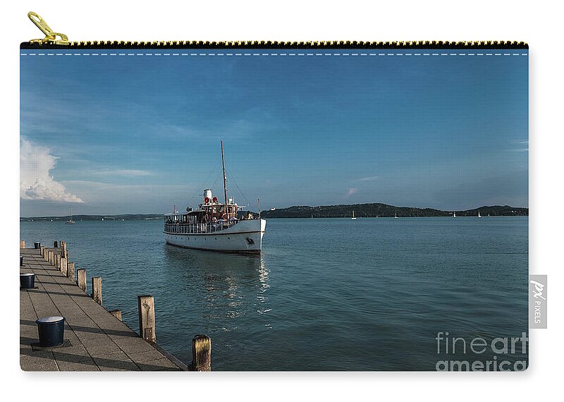 Approach Zip Pouch featuring the photograph Ferry Ship approaches Harbor on Lake Balaton in Hungary by Andreas Berthold