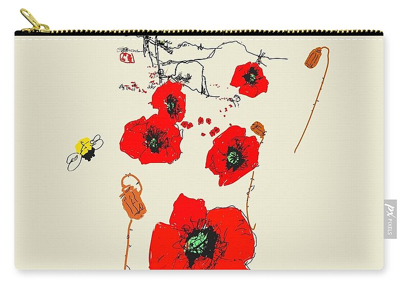 Landscape. Fields. Flowers. Poppies Zip Pouch featuring the digital art Field Of Red by Debbi Saccomanno Chan