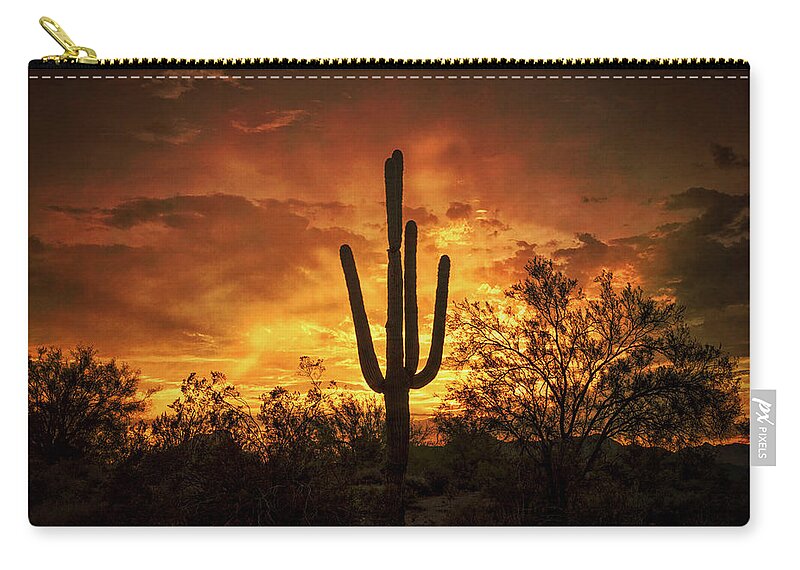 Saguaro Sunset Zip Pouch featuring the photograph Fiery Desert Skies by Saija Lehtonen