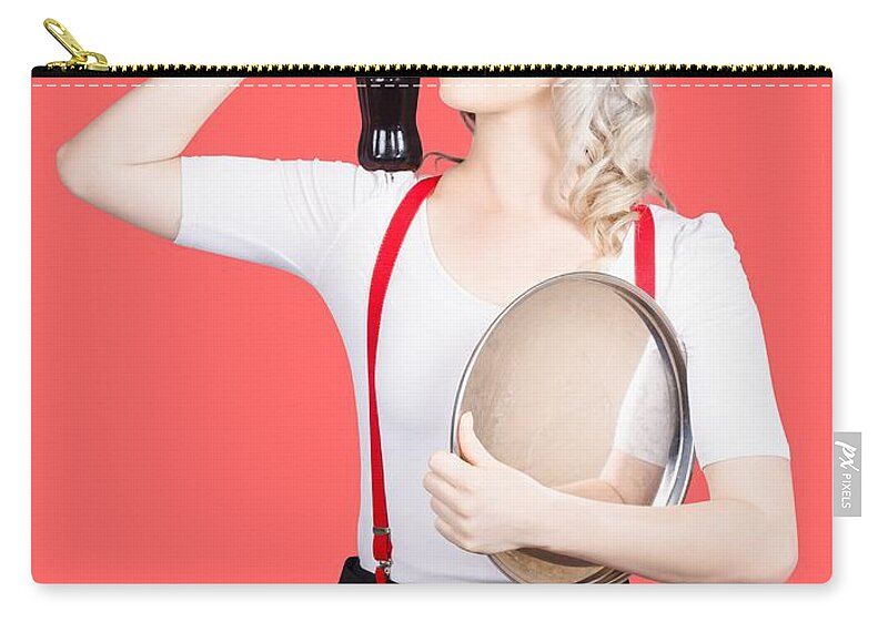 Food Zip Pouch featuring the photograph Fifties diner pin-up waiter serving soft drink by Jorgo Photography