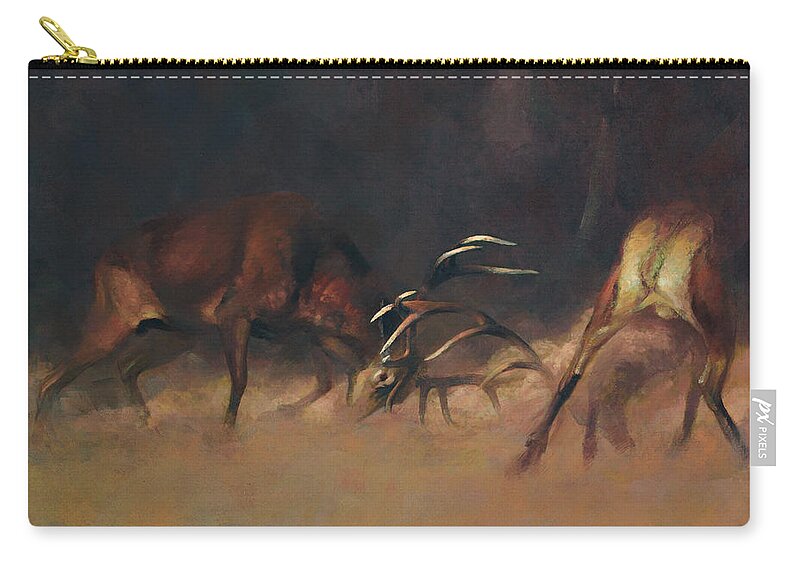 Fighting Stags Zip Pouch featuring the painting Fighting Stags I. by Attila Meszlenyi