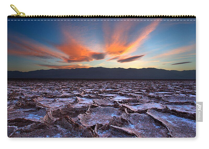 Badwater; Below Sea Level; Death Valley; Landscape; Minus 282; Mud; National Park; Ridges; Salt; Salt Pan; Sunset; Zip Pouch featuring the photograph Fire in the Sky and Embers Down Below by David Andersen