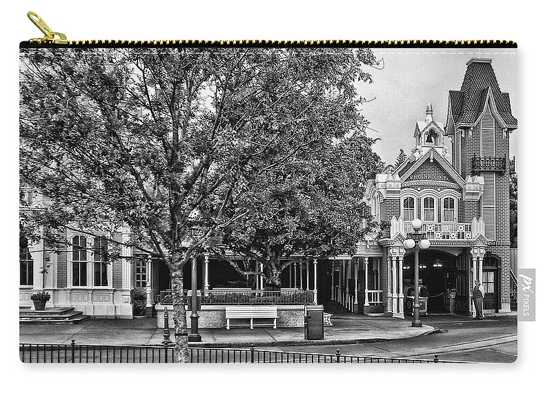 Black And White Zip Pouch featuring the photograph Fire Station Main Street in Black and White Walt Disney World MP by Thomas Woolworth