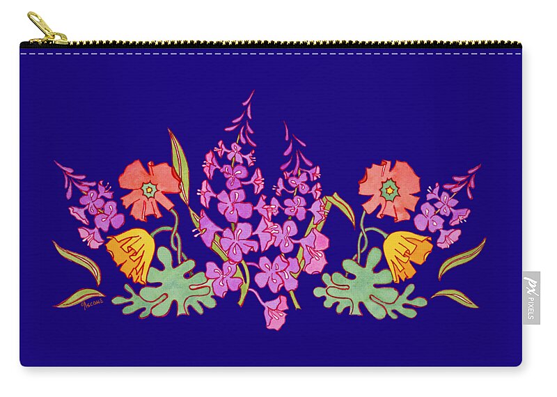 Fireweed And Poppies Cascade Zip Pouch featuring the painting Fireweed and Poppies Cascade by Teresa Ascone